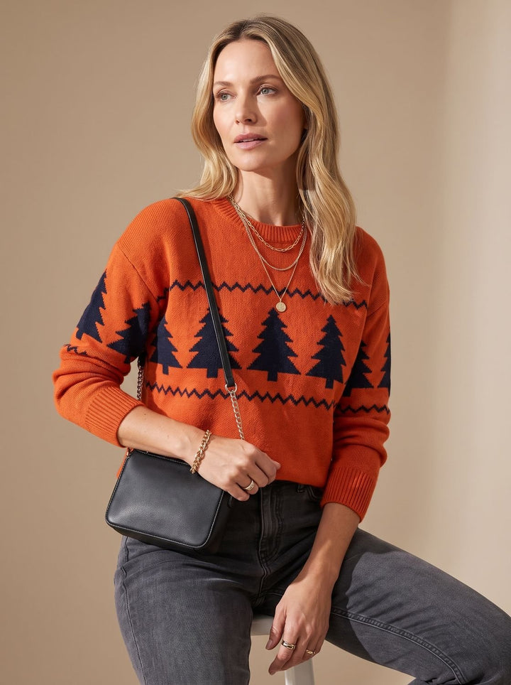 Damen Rundhals-Strickpullover mit Weihnachtsbaum-Muster Loose-Fit