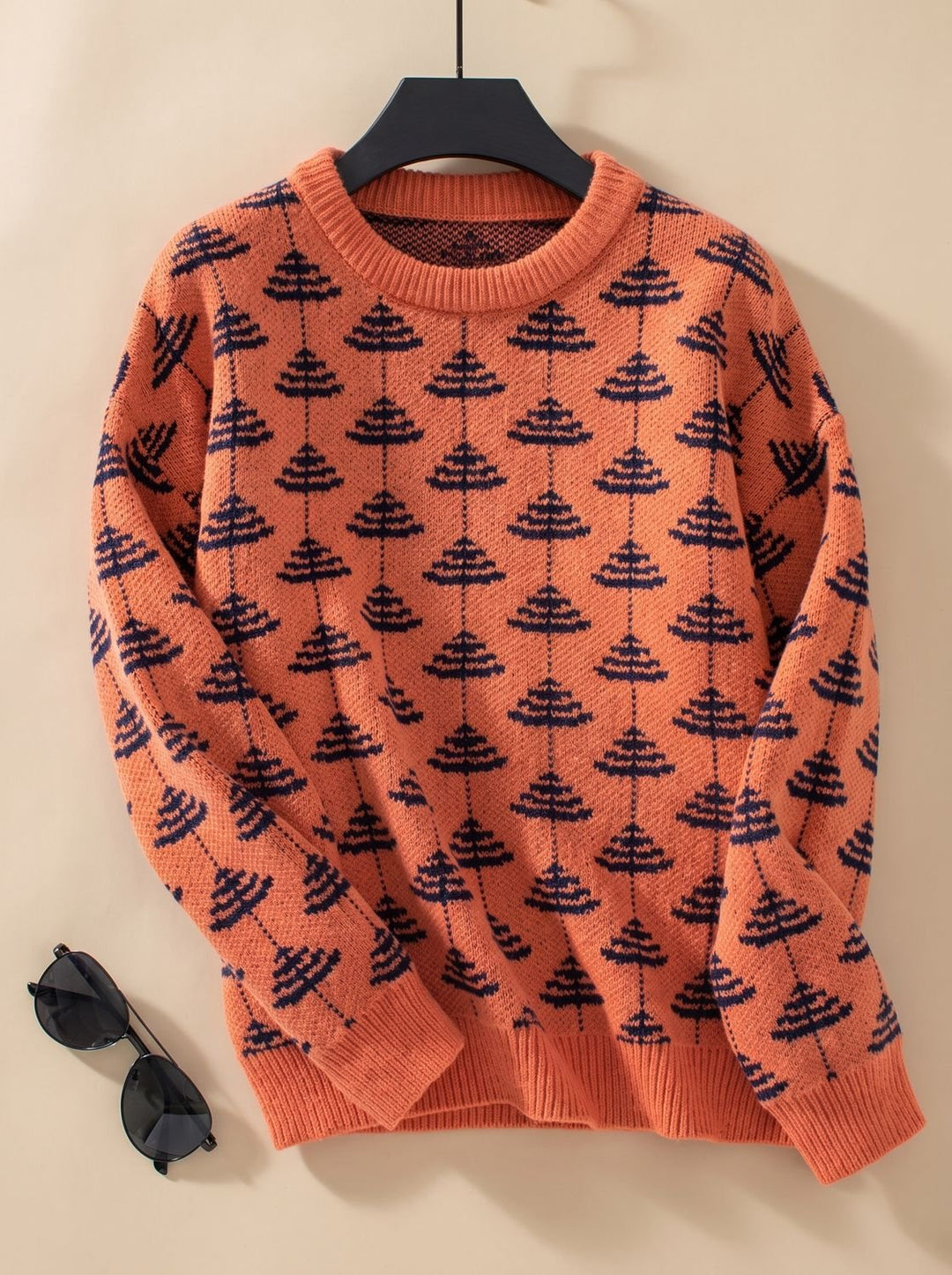 Damen Rundhals-Strickpullover mit Weihnachtsbaum-Muster Loose-Fit - Orange