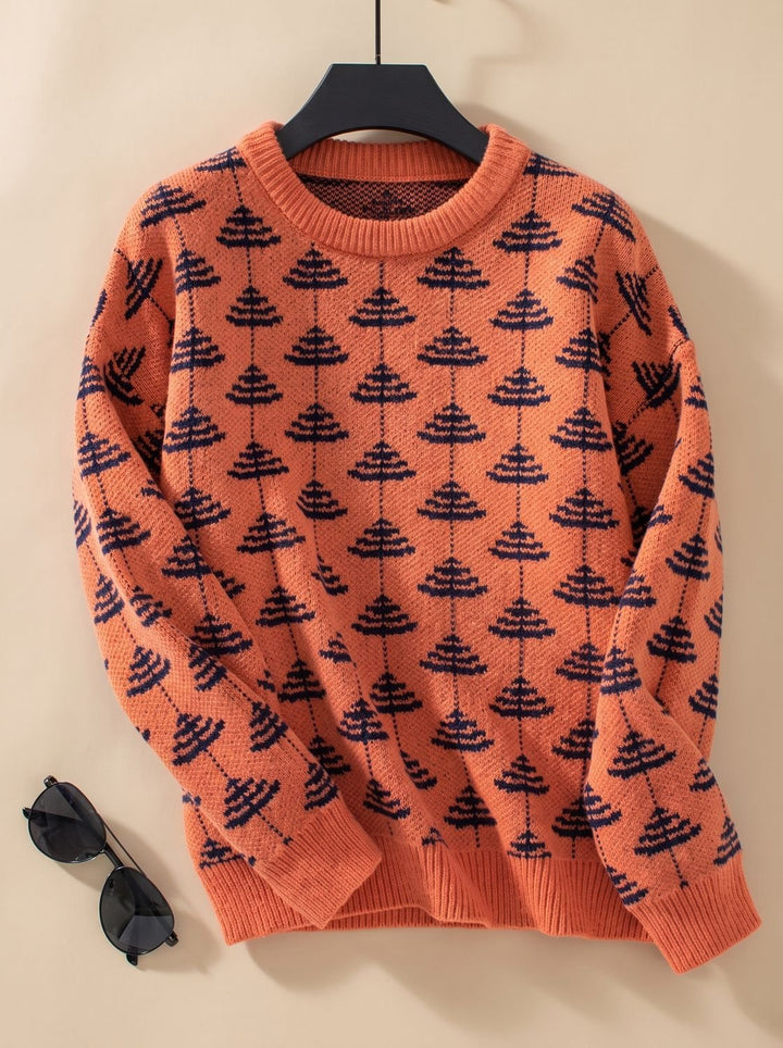 Damen Rundhals-Strickpullover mit Weihnachtsbaum-Muster Loose-Fit - Orange