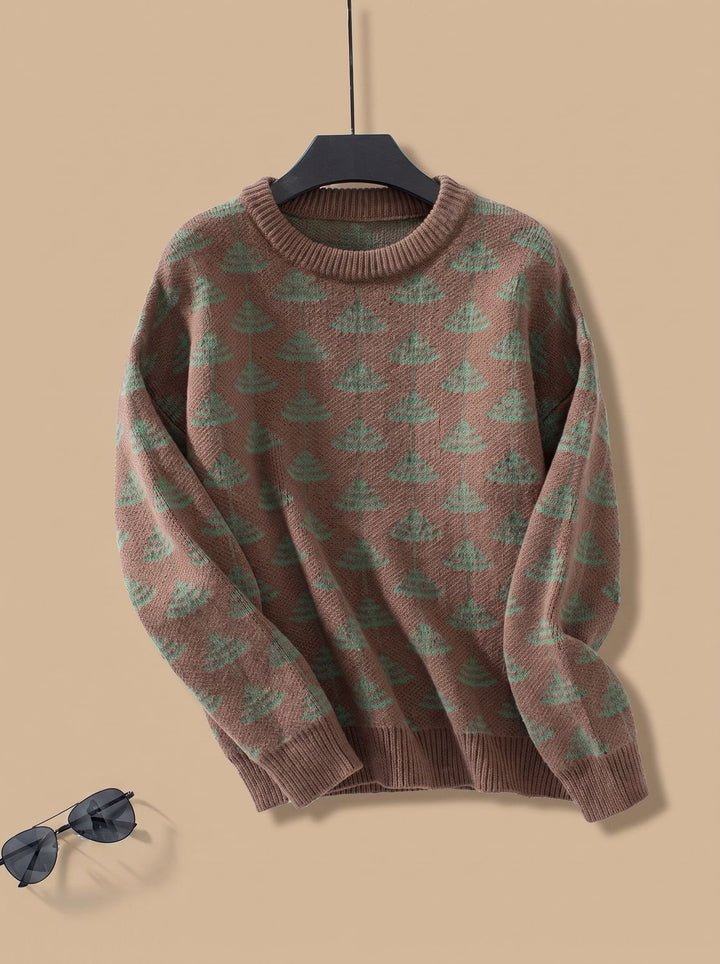 Damen Rundhals-Strickpullover mit Weihnachtsbaum-Muster Loose-Fit - Braun
