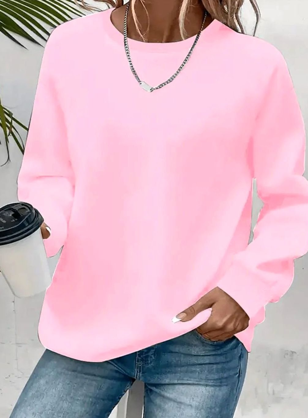 Damen Rundhals-Sweatshirt Lockere Passform Langarm - Rosa