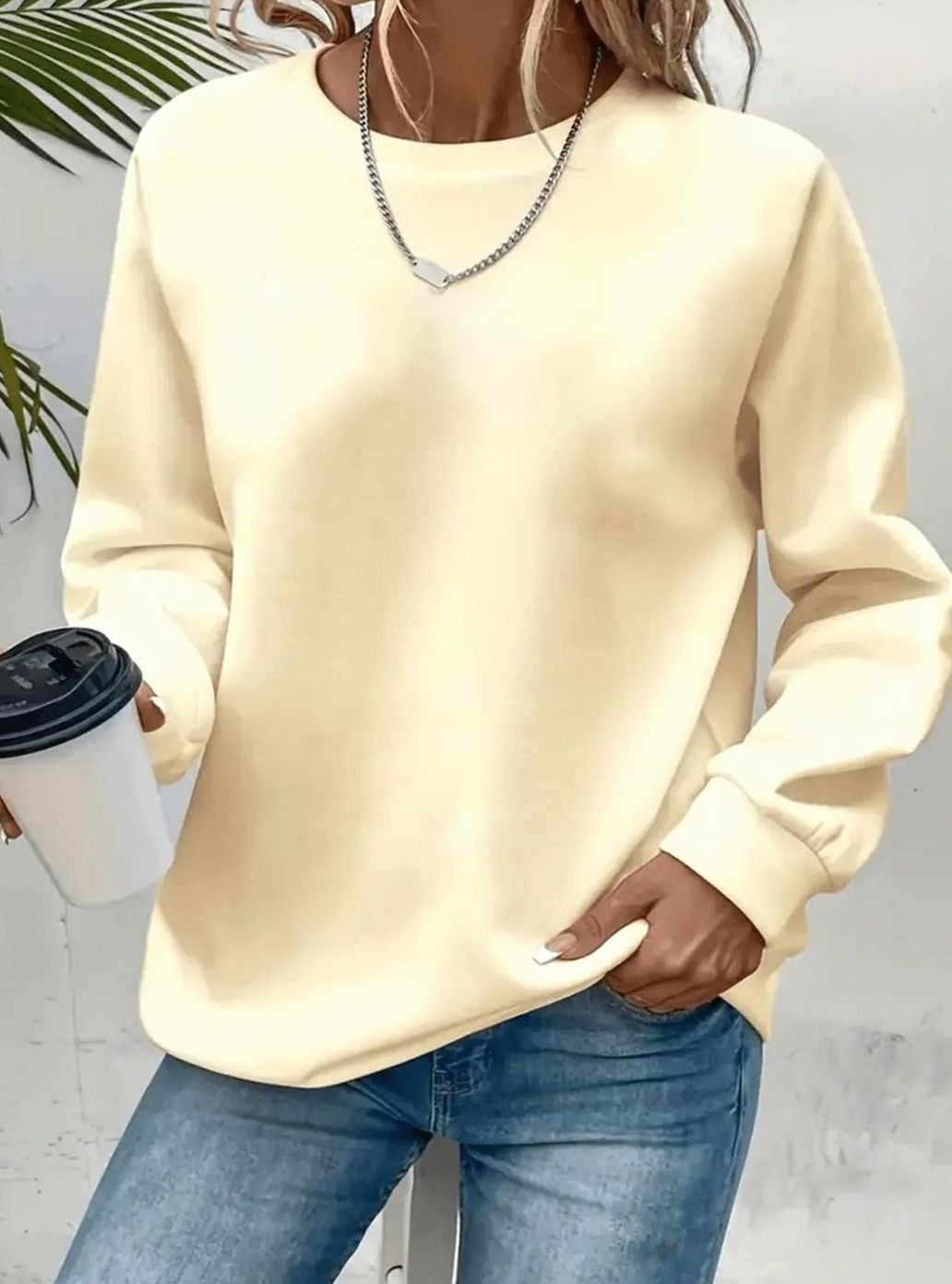 Damen Rundhals-Sweatshirt Lockere Passform Langarm - Aprikose