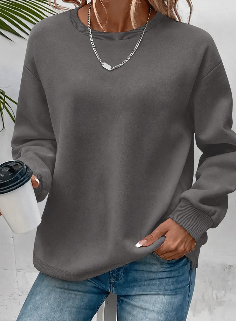 Damen Rundhals-Sweatshirt Lockere Passform Langarm - Dunkelgrau