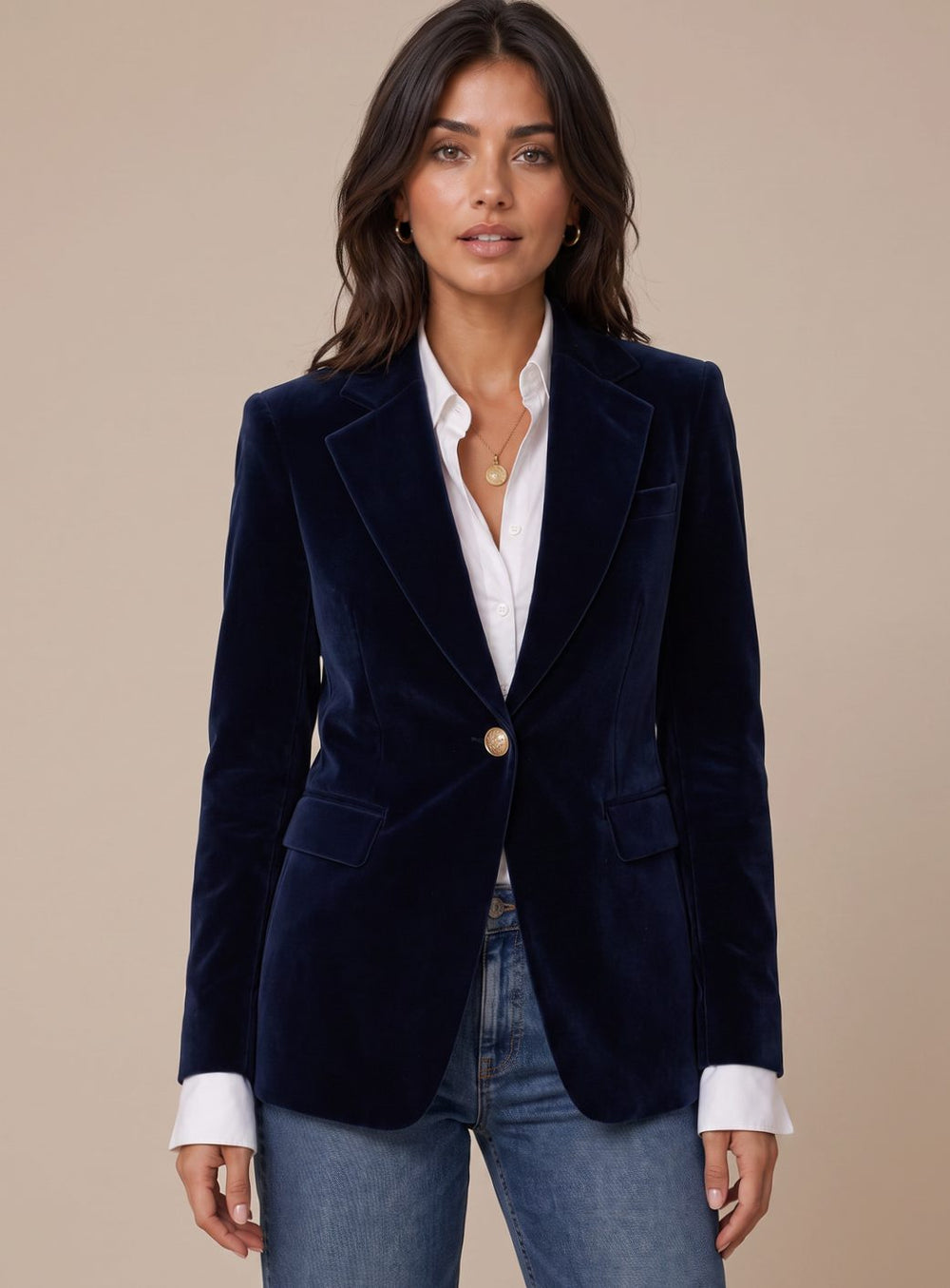 Damen Samt Blazer mit Goldknöpfen schlanker Schnitt - Dunkelblau