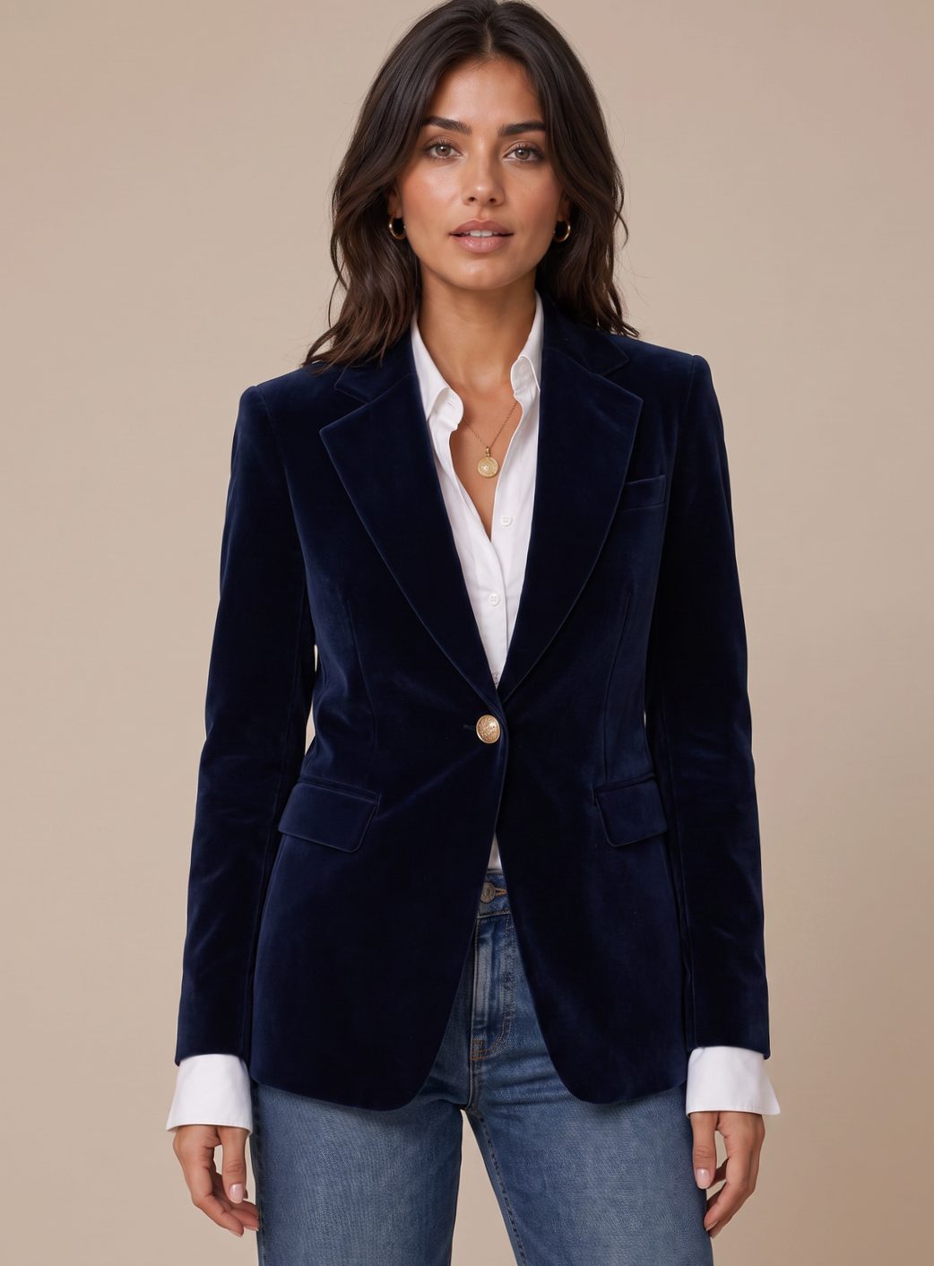 Damen Samt Blazer mit Goldknöpfen schlanker Schnitt - Dunkelblau