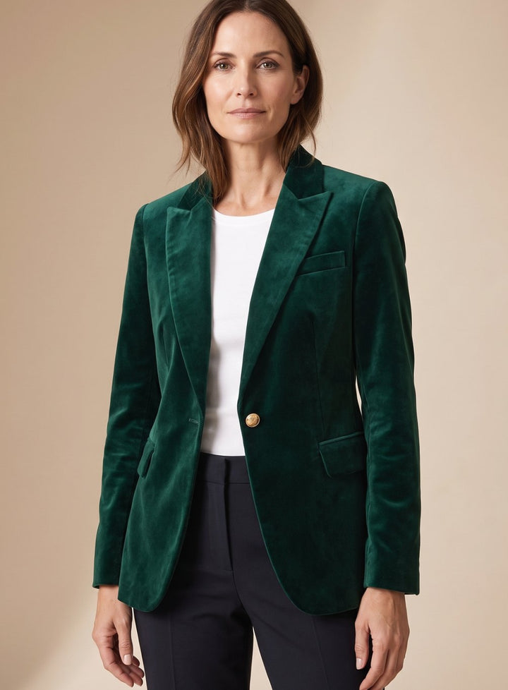 Damen Samt Blazer mit Goldknöpfen schlanker Schnitt - Grün