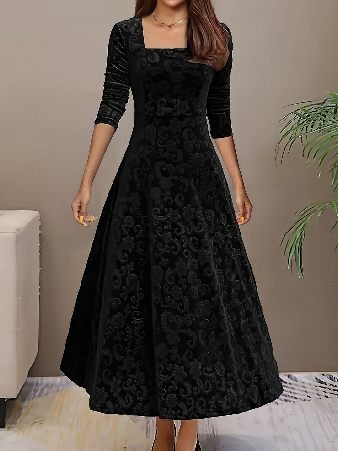 Damen Samtkleid A-Linie Midi Geblümtes Prägekleid mit Eckausschnitt - Black