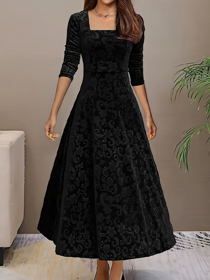 Damen Samtkleid A-Linie Midi Geblümtes Prägekleid mit Eckausschnitt - Black
