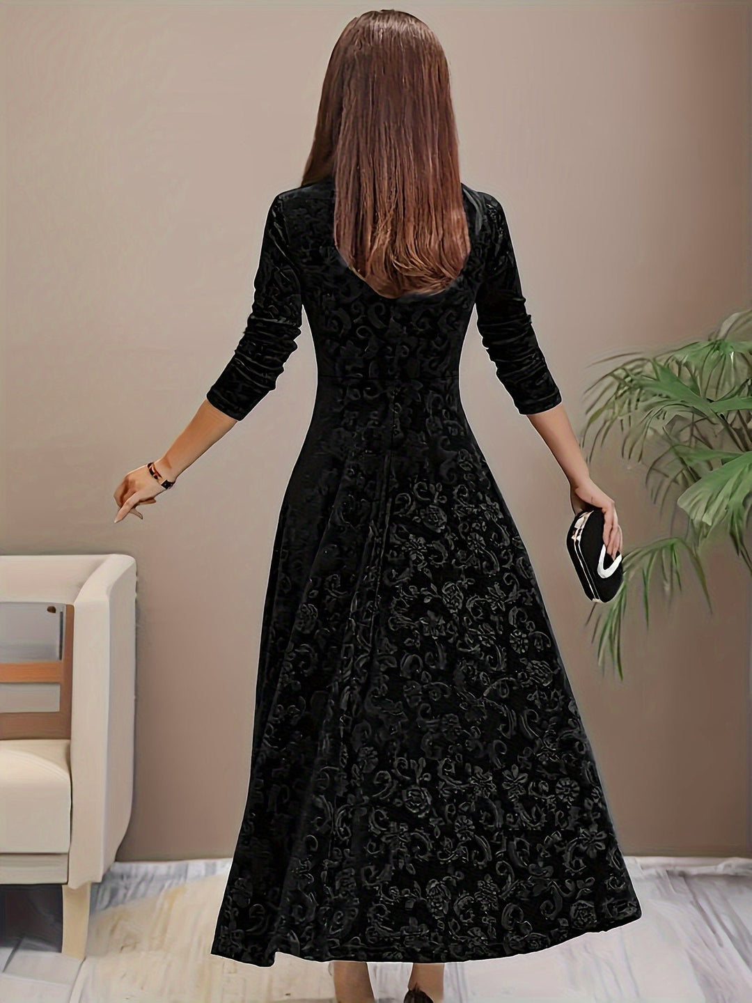 Damen Samtkleid A-Linie Midi Geblümtes Prägekleid mit Eckausschnitt