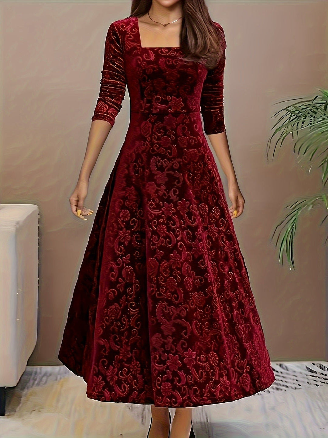Damen Samtkleid A-Linie Midi Geblümtes Prägekleid mit Eckausschnitt - Red