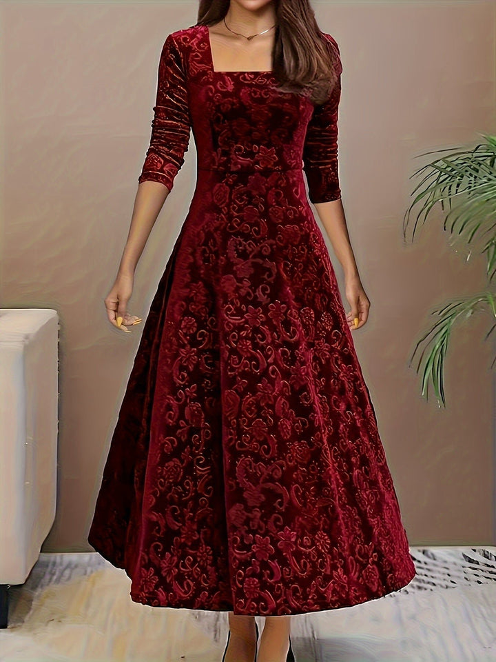 Damen Samtkleid A-Linie Midi Geblümtes Prägekleid mit Eckausschnitt - Red