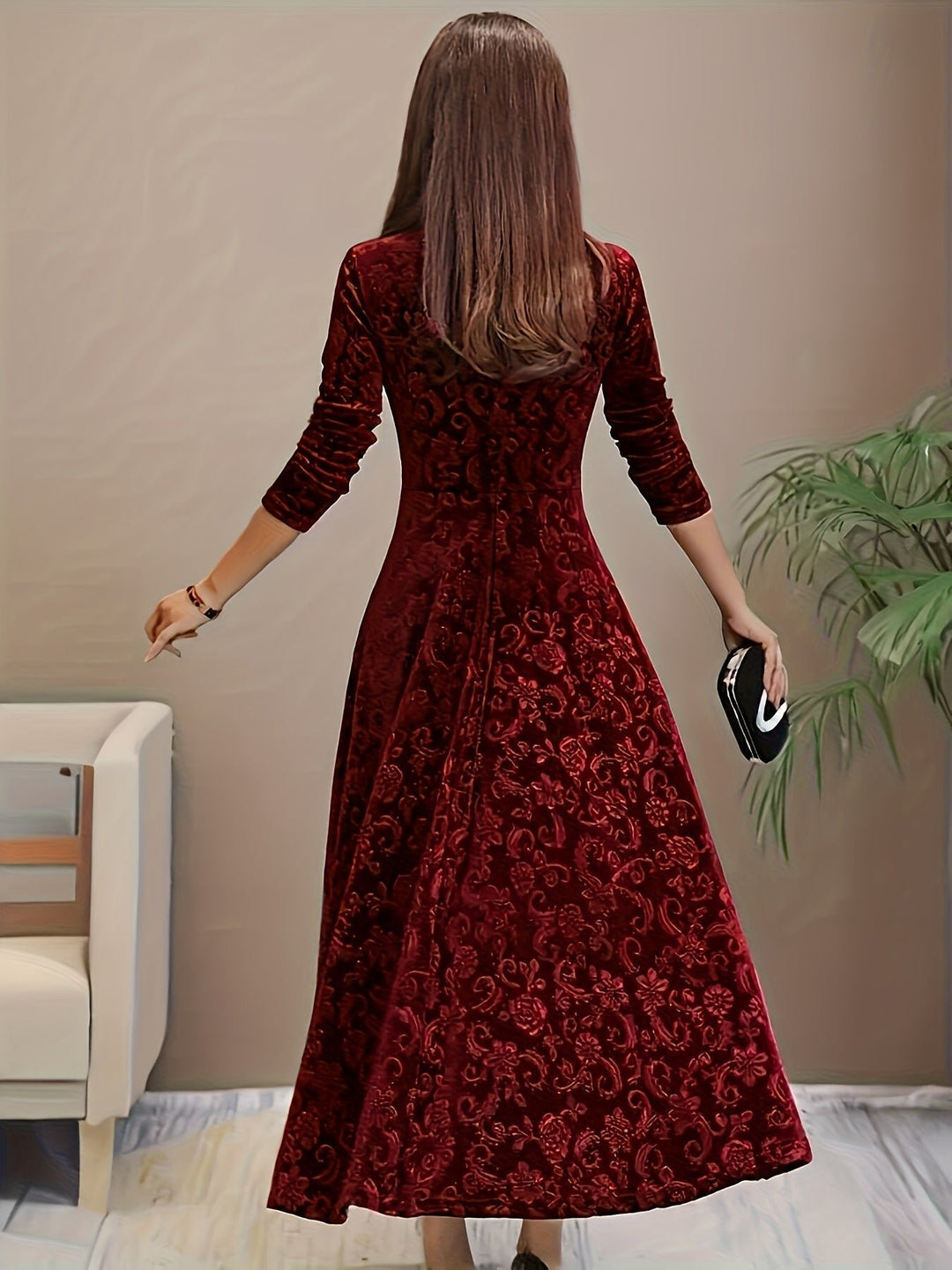 Damen Samtkleid A-Linie Midi Geblümtes Prägekleid mit Eckausschnitt