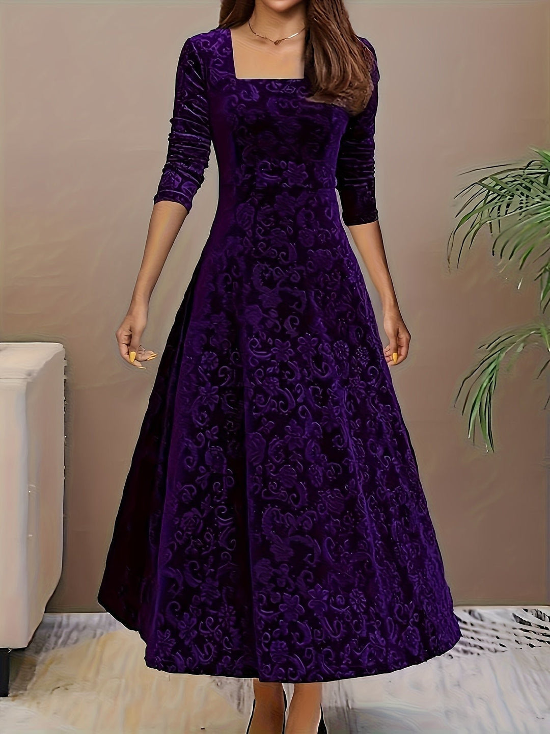 Damen Samtkleid A-Linie Midi Geblümtes Prägekleid mit Eckausschnitt - Purple