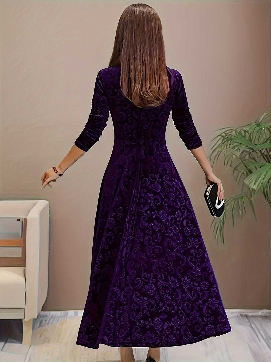 Damen Samtkleid A-Linie Midi Geblümtes Prägekleid mit Eckausschnitt