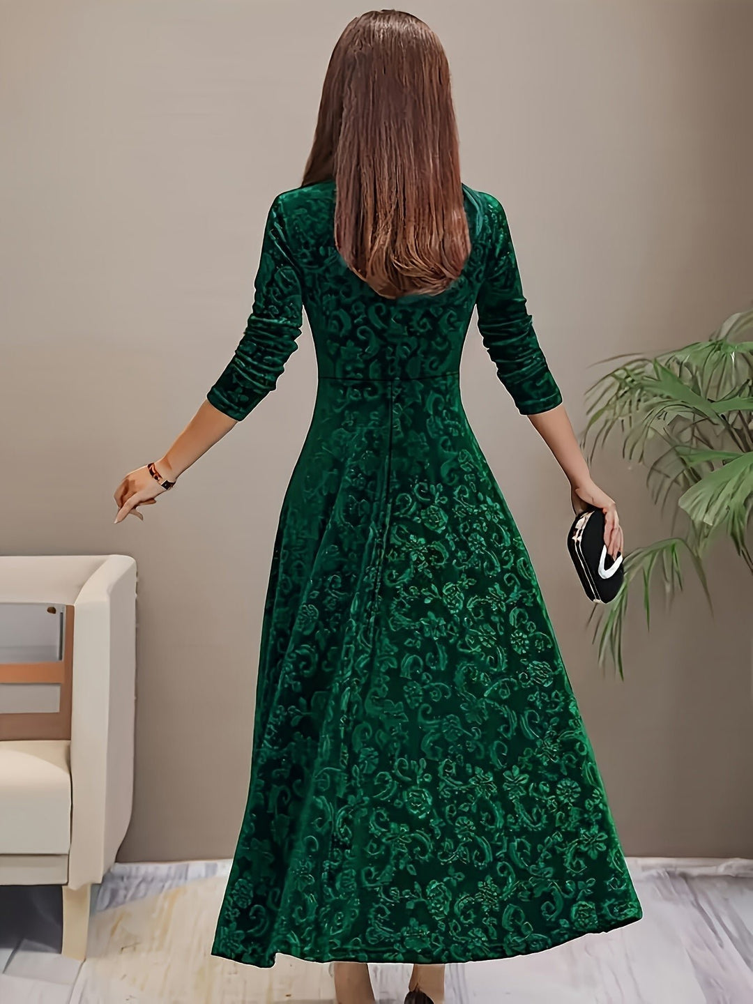 Damen Samtkleid A-Linie Midi Geblümtes Prägekleid mit Eckausschnitt