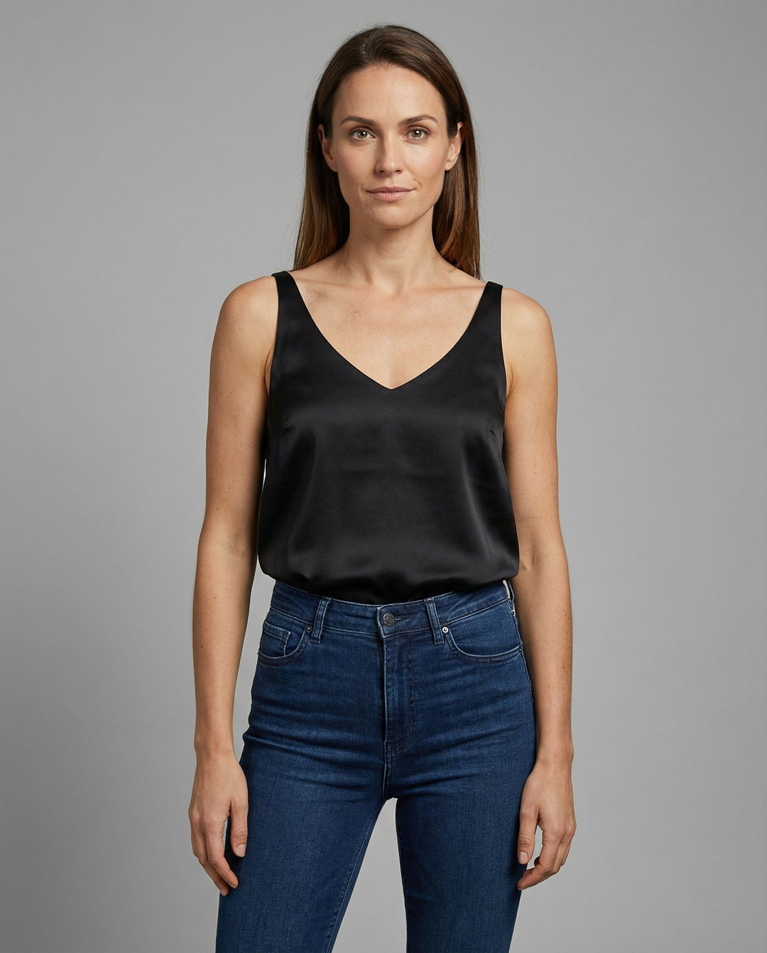 Damen Satin Camisole V-Ausschnitt Träger-Top - Black
