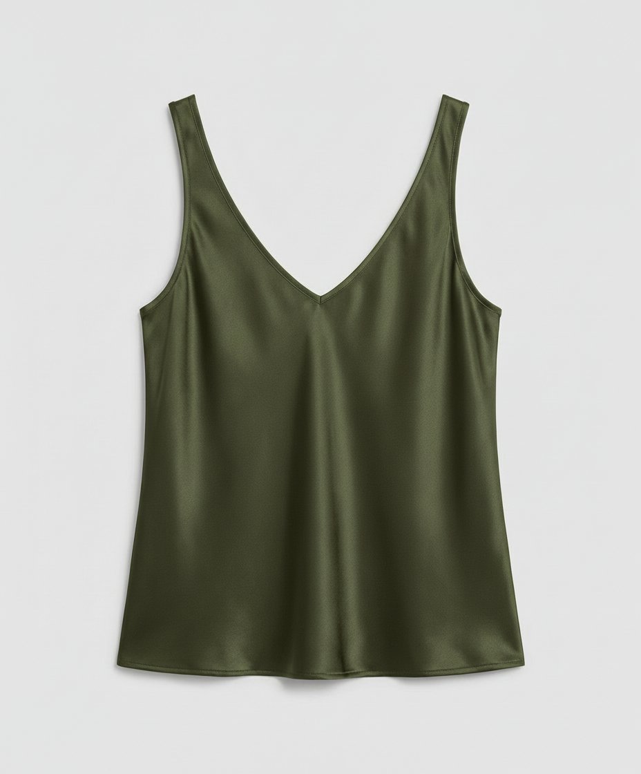Damen Satin Camisole V-Ausschnitt Träger-Top - Army Green