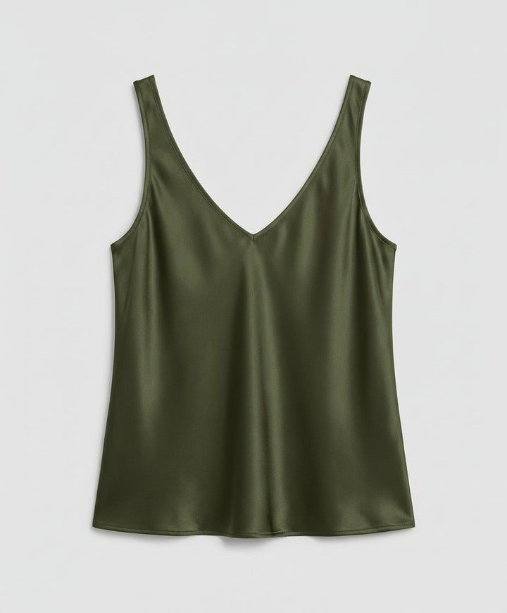 Damen Satin Camisole V-Ausschnitt Träger-Top - Army Green
