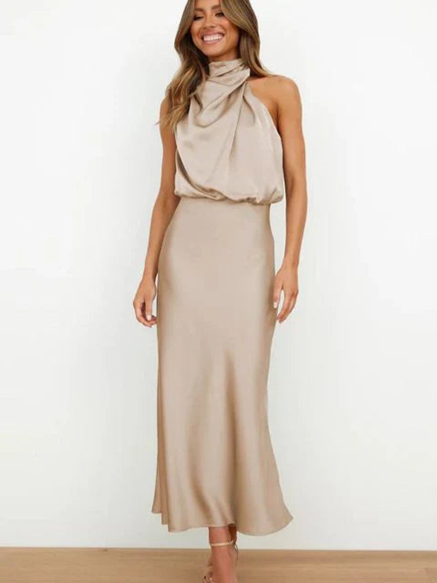 Damen Satin Cocktailkleid Elegant Schulterfrei Midi Abendkleid - Beige