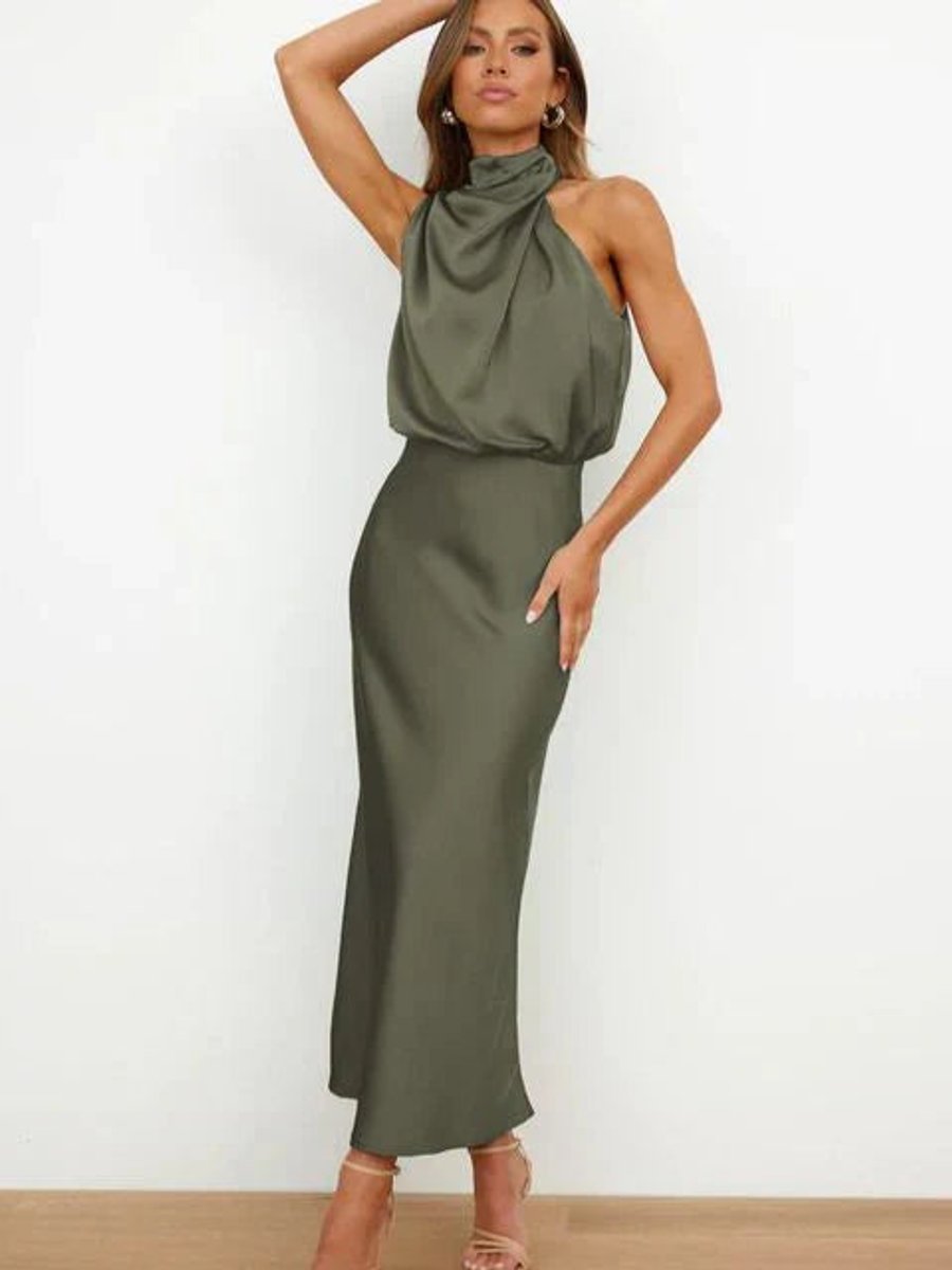 Damen Satin Cocktailkleid Elegant Schulterfrei Midi Abendkleid - Grün