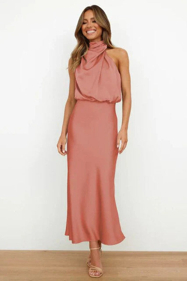 Damen Satin Cocktailkleid Elegant Schulterfrei Midi Abendkleid - Rosa