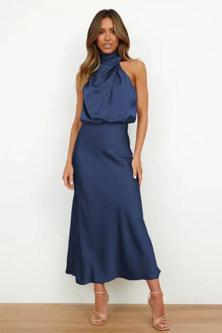 Damen Satin Cocktailkleid Elegant Schulterfrei Midi Abendkleid - Blau
