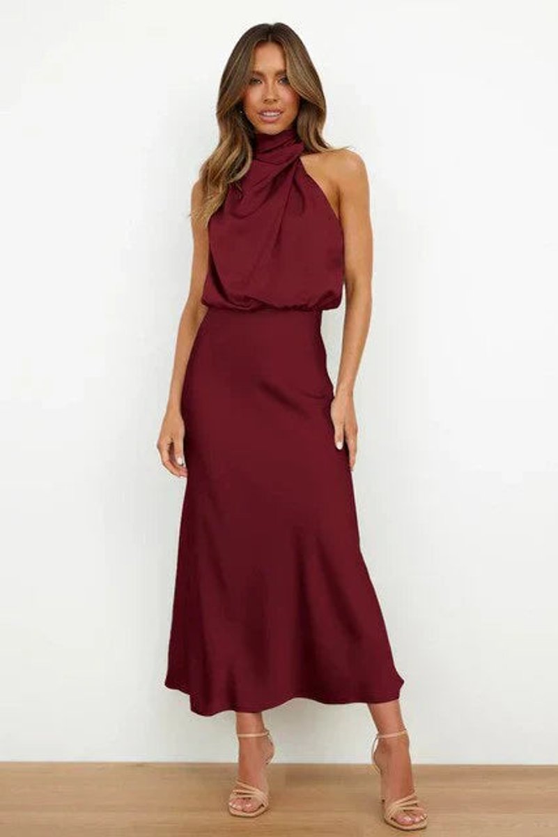 Damen Satin Cocktailkleid Elegant Schulterfrei Midi Abendkleid - Rot