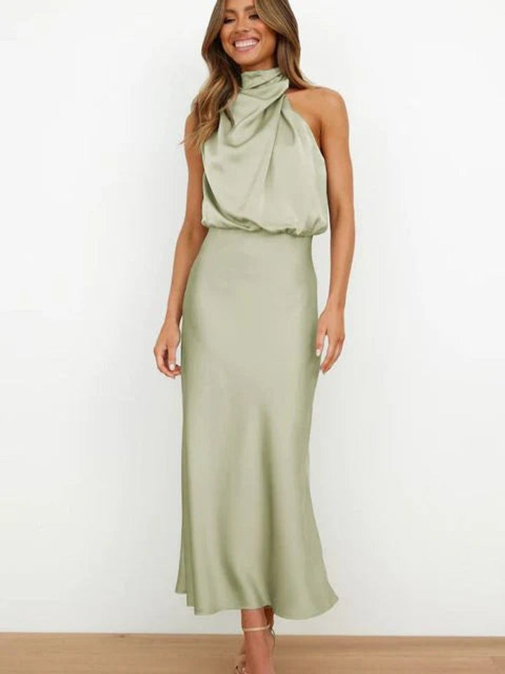 Damen Satin Cocktailkleid Elegant Schulterfrei Midi Abendkleid - Armeegrün