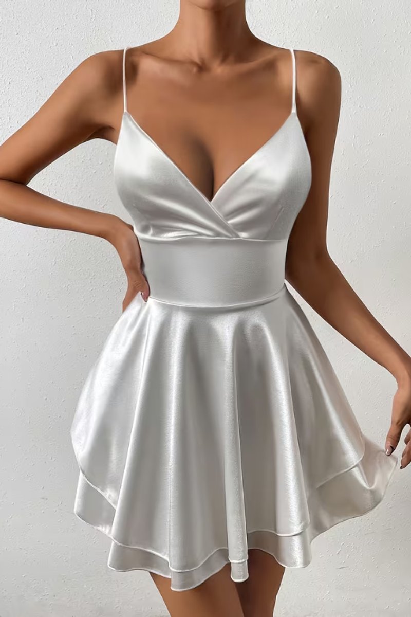 Damen Satin Cocktailkleid Wickel-V-Ausschnitt Offener Rücken Mini - White