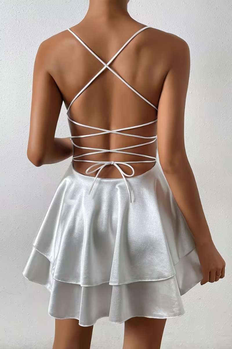 Damen Satin Cocktailkleid Wickel-V-Ausschnitt Offener Rücken Mini
