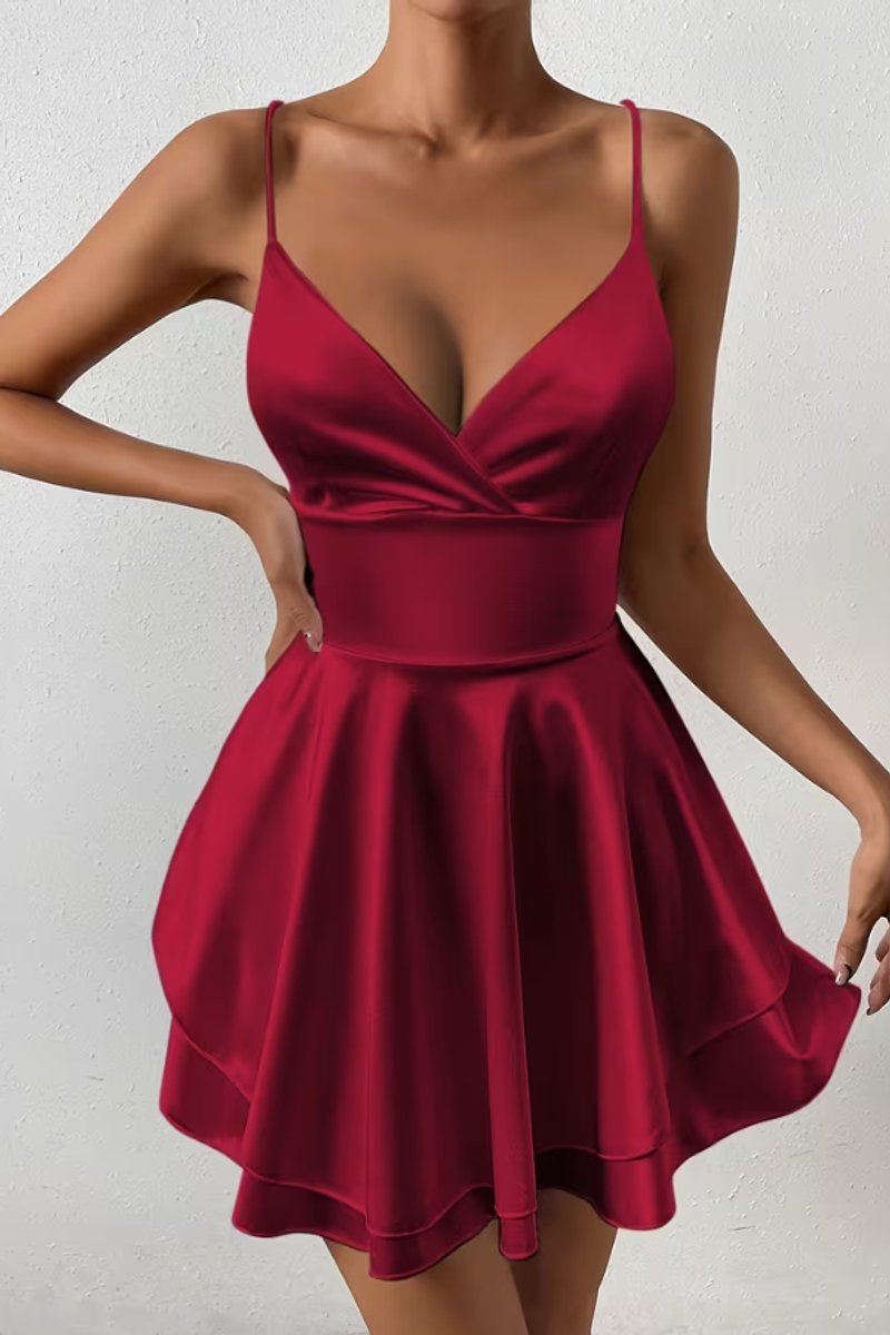 Damen Satin Cocktailkleid Wickel-V-Ausschnitt Offener Rücken Mini - Burgundy Red