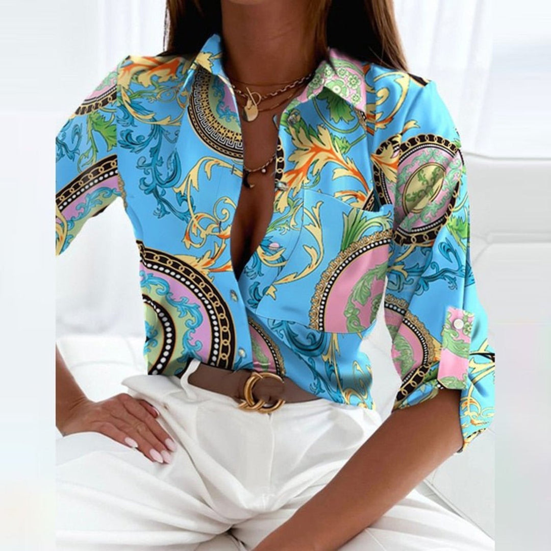 Damen Satin Geometrische-Print Button-Down Bluse - Light Blue