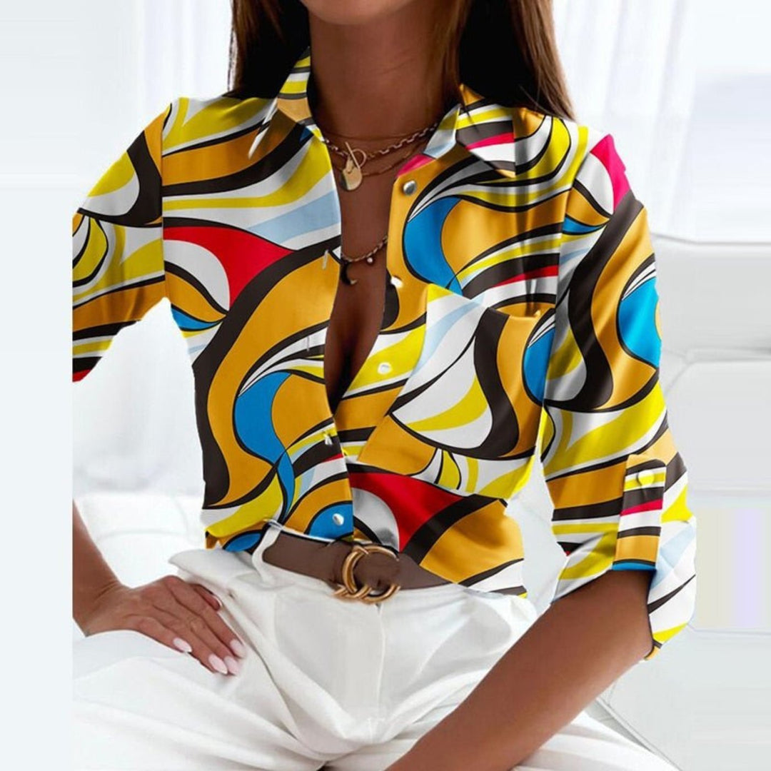 Damen Satin Geometrische-Print Button-Down Bluse - Yellow