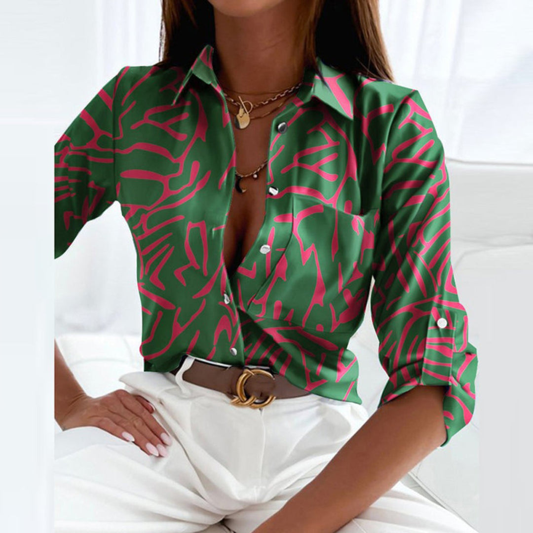 Damen Satin Geometrische-Print Button-Down Bluse - Dark Green
