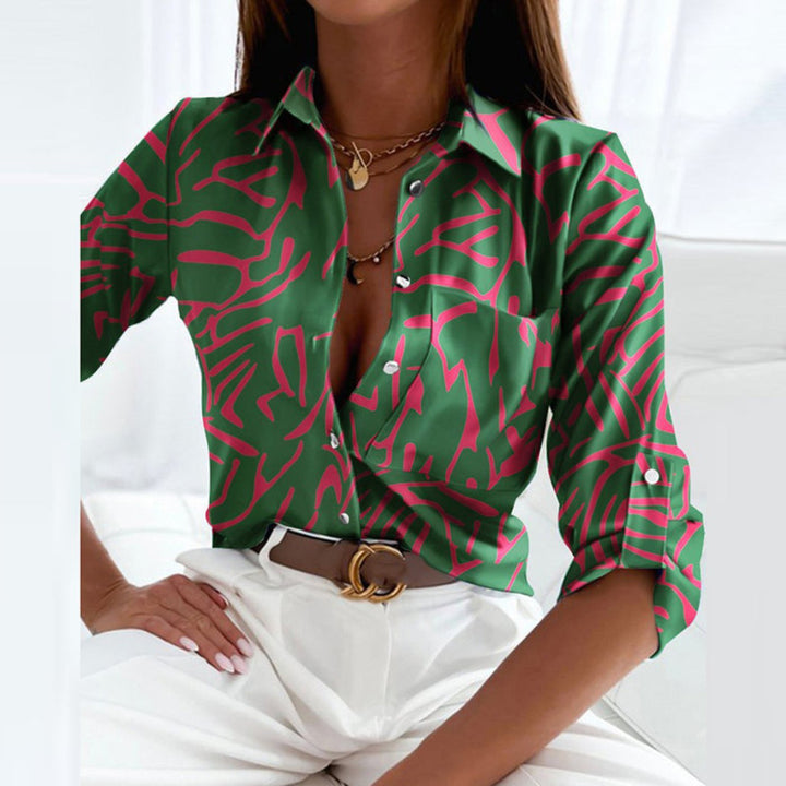Damen Satin Geometrische-Print Button-Down Bluse - Dark Green