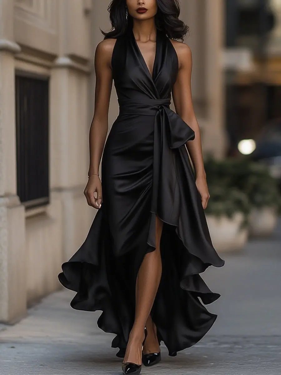 Damen Satin Halterneck Cocktail Party Dress Wickelschnitt High-Low-Saum - Schwarz
