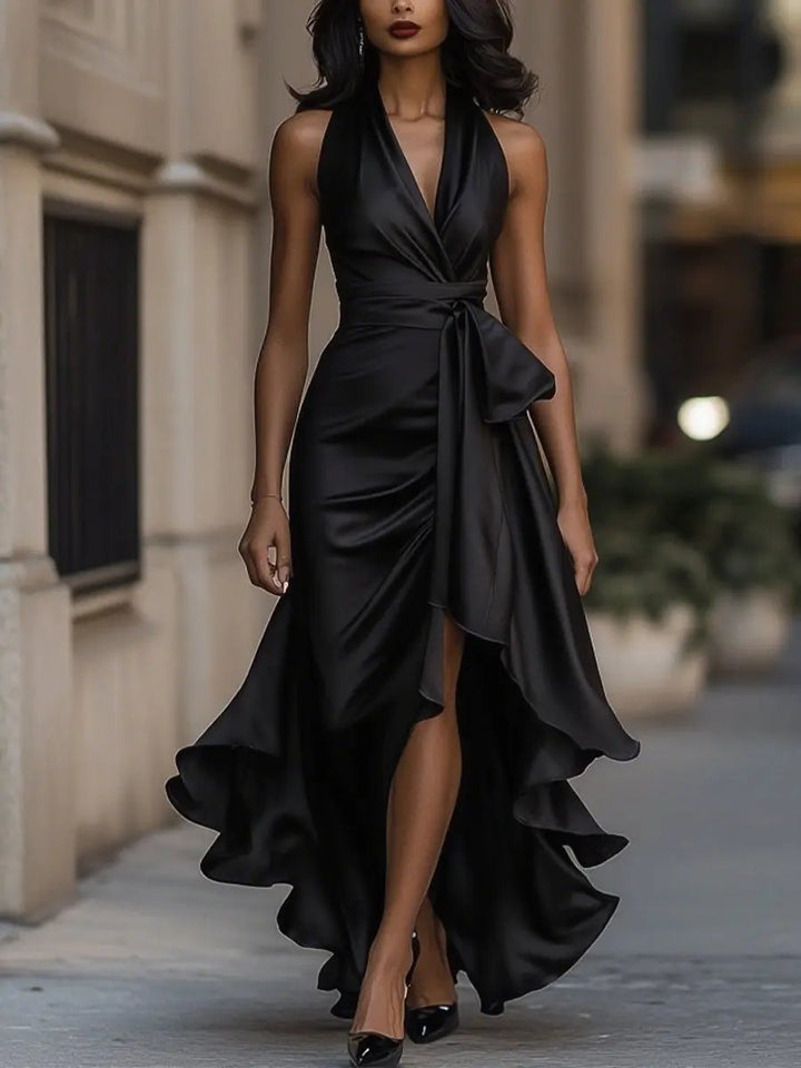 Damen Satin Halterneck Cocktail Party Dress Wickelschnitt High-Low-Saum - Schwarz