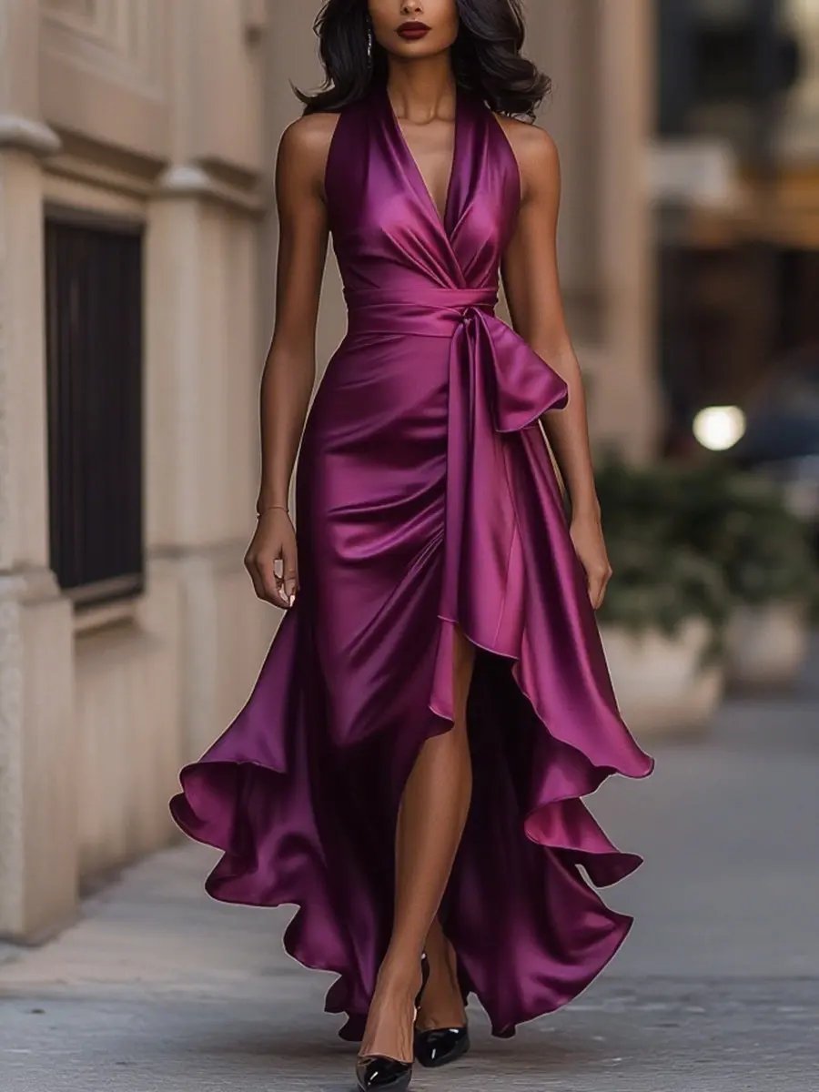Damen Satin Halterneck Cocktail Party Dress Wickelschnitt High-Low-Saum - Fuchsia