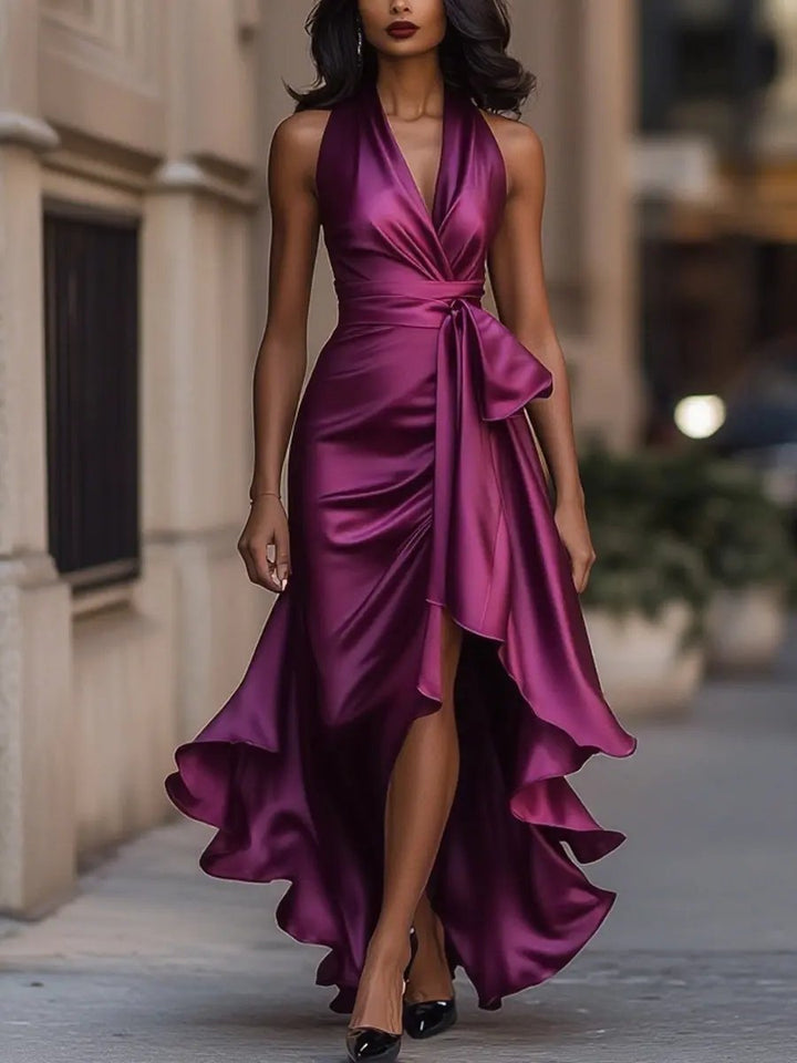 Damen Satin Halterneck Cocktail Party Dress Wickelschnitt High-Low-Saum - Fuchsia