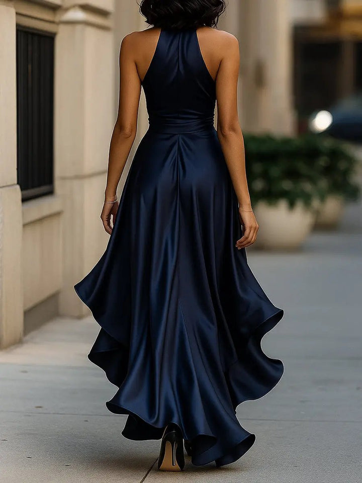 Damen Satin Halterneck Cocktail Party Dress Wickelschnitt High-Low-Saum