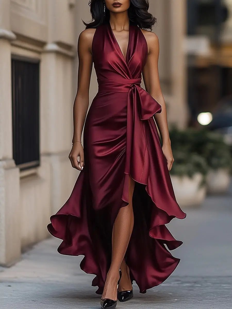 Damen Satin Halterneck Cocktail Party Dress Wickelschnitt High-Low-Saum - Burgunder