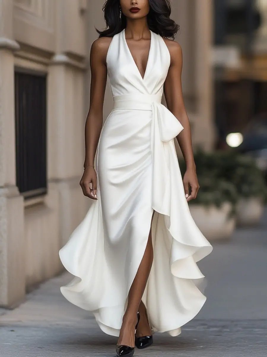 Damen Satin Halterneck Cocktail Party Dress Wickelschnitt High-Low-Saum - Weiß