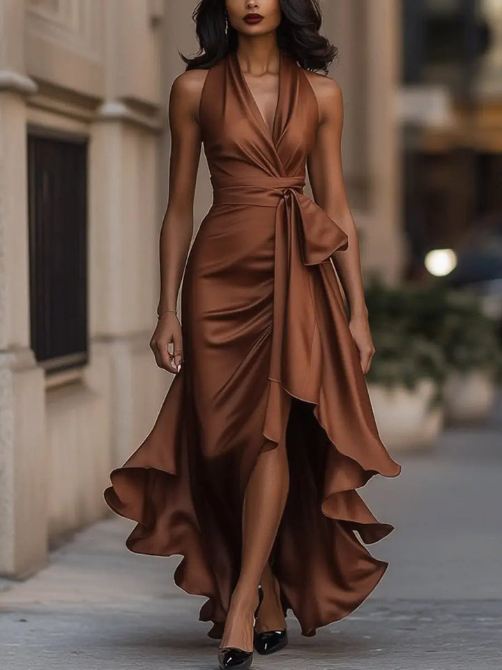 Damen Satin Halterneck Cocktail Party Dress Wickelschnitt High-Low-Saum - Braun