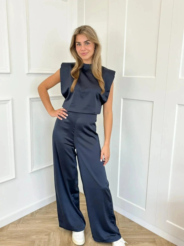 Damen Satin-Jumpsuit Weite Hose Ärmellos Eleganter Einteiler - Marineblauw