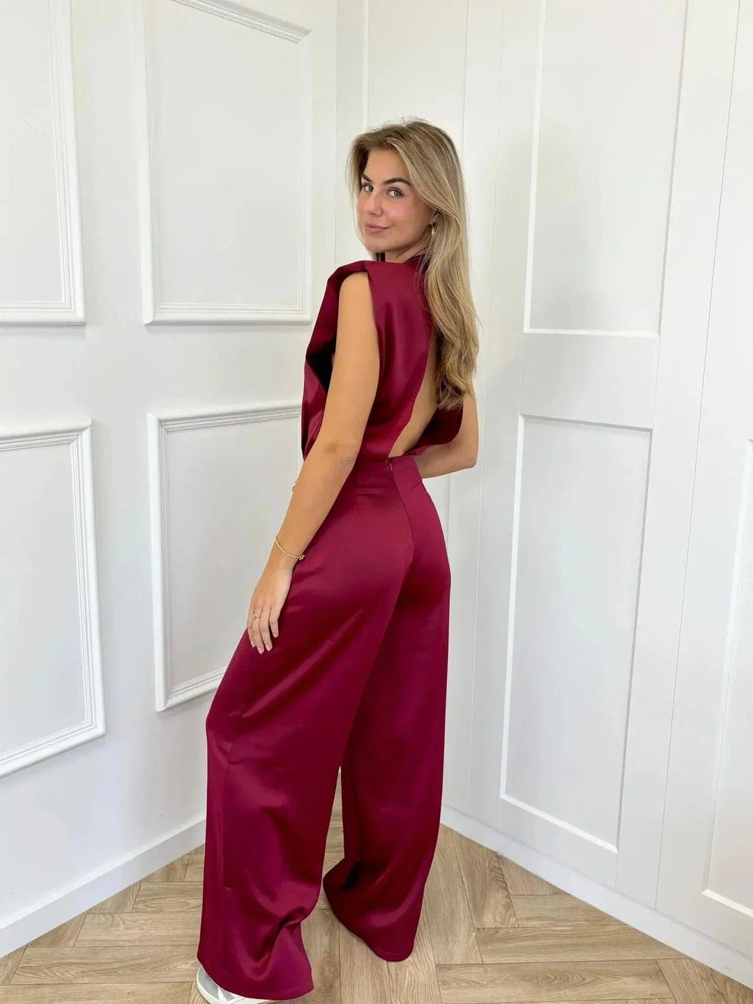 Damen Satin-Jumpsuit Weite Hose Ärmellos Eleganter Einteiler - Bordeauxrood