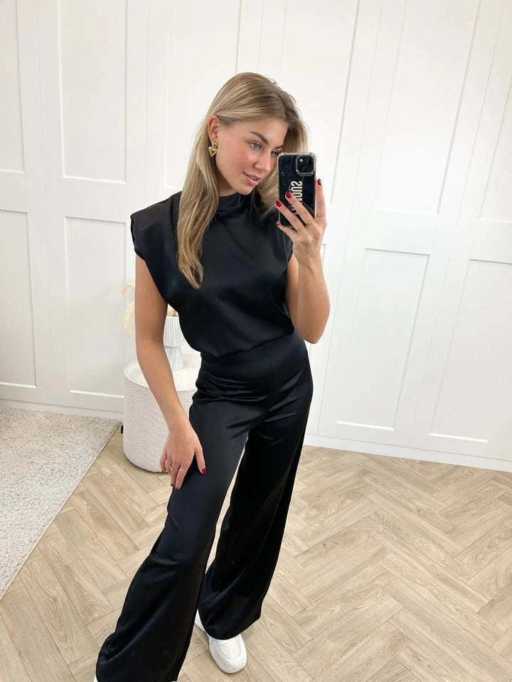 Damen Satin-Jumpsuit Weite Hose Ärmellos Eleganter Einteiler