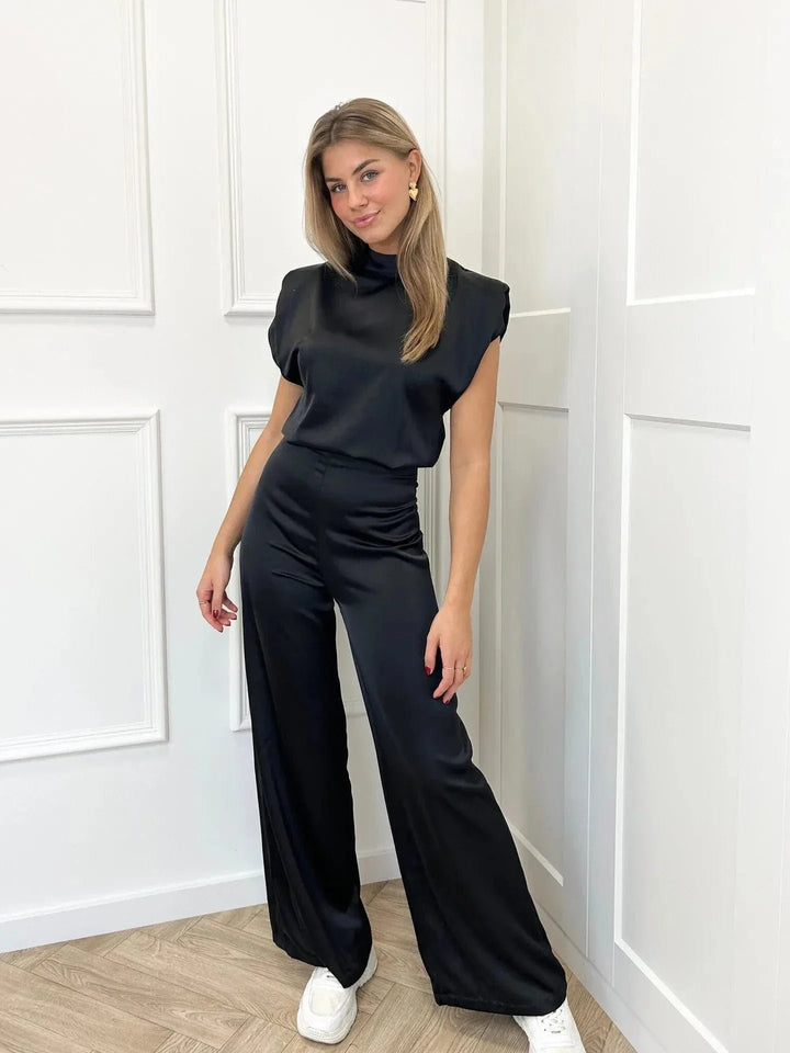 Damen Satin-Jumpsuit Weite Hose Ärmellos Eleganter Einteiler - Zwart