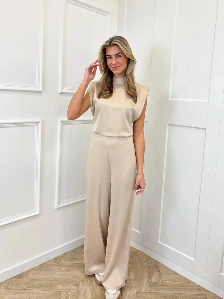 Damen Satin-Jumpsuit Weite Hose Ärmellos Eleganter Einteiler