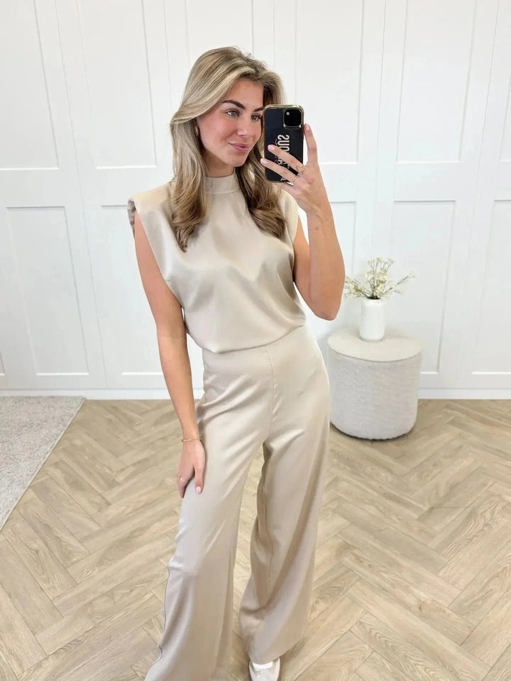 Damen Satin-Jumpsuit Weite Hose Ärmellos Eleganter Einteiler