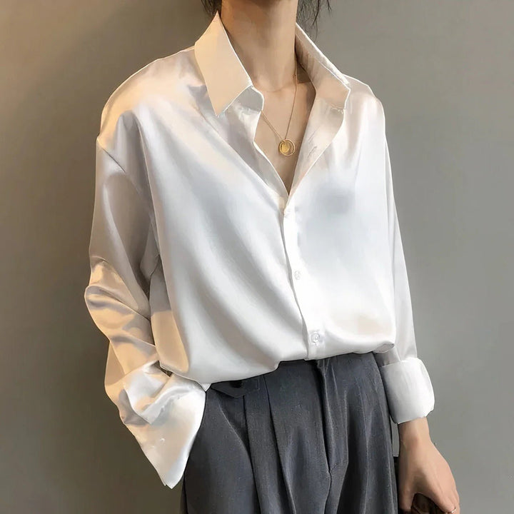 Damen Satin Langarm-Bluse mit Knopfleiste - White